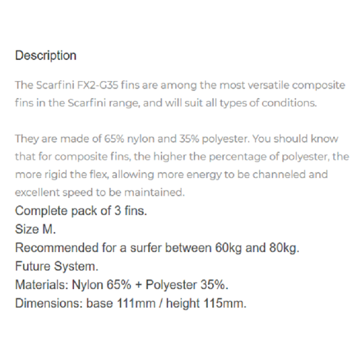 Scarfini FX2 G35 Medium Surfboard Composite Thruster Fin Futures