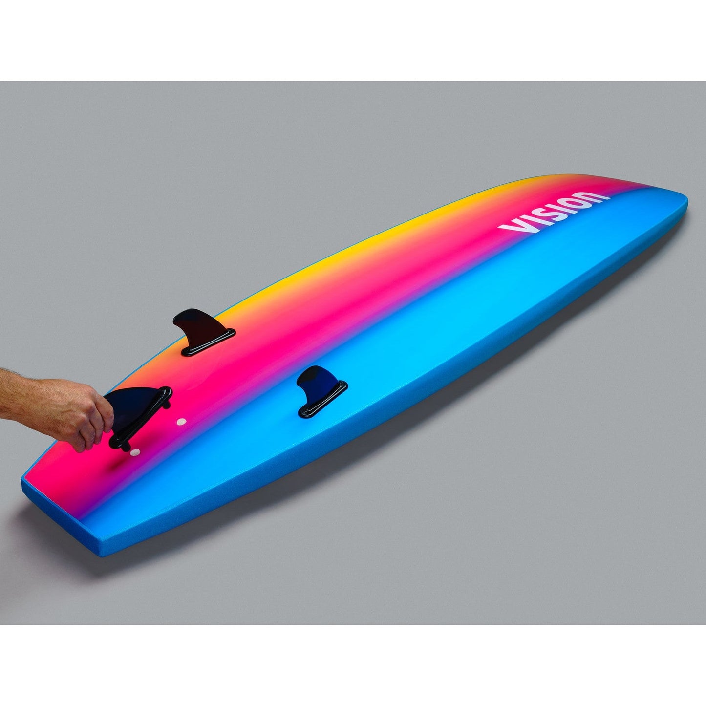 vision-ignite-surfboard-softboard-learner-beginner-fins-leash-psychedelic-swirl-side-hand